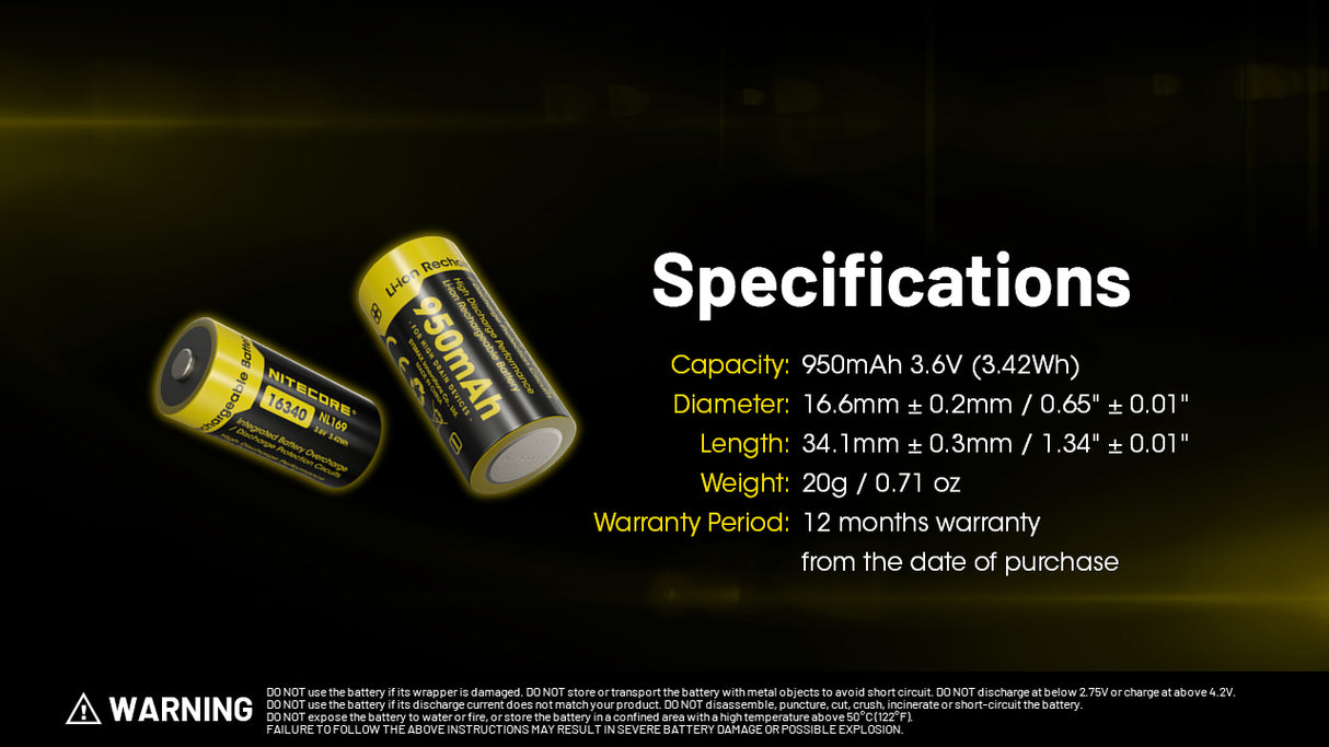 Nitecore NL169 950mAh Rechargeable 16340 Battery