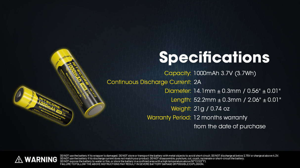Nitecore NL1410 1000mAh Rechargeable 14500 Battery