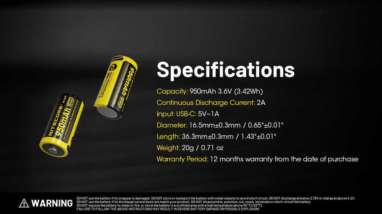 Nitecore NL169R 950mAh USB-C Rechargeable 16340 Battery