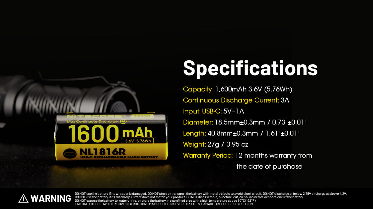Nitecore NL1816R 1600mAh USB-C Rechargeable Battery for MT1C Pro