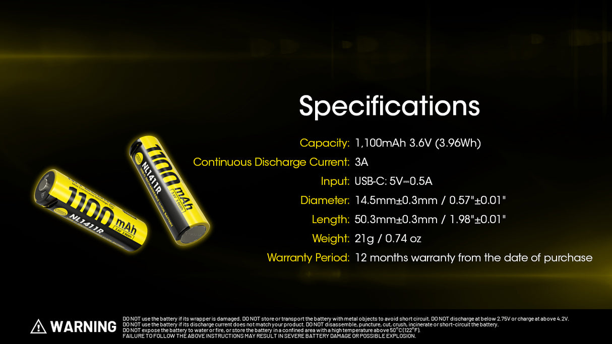 Nitecore NL1411R 1100mAh USB-C Rechargeable 14500 Battery