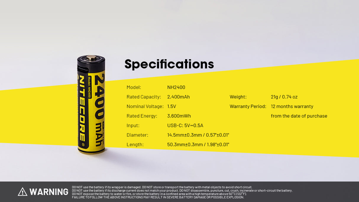 Nitecore NH2400 2400mAh USB-C Rechargeable AA Battery 4-Pack