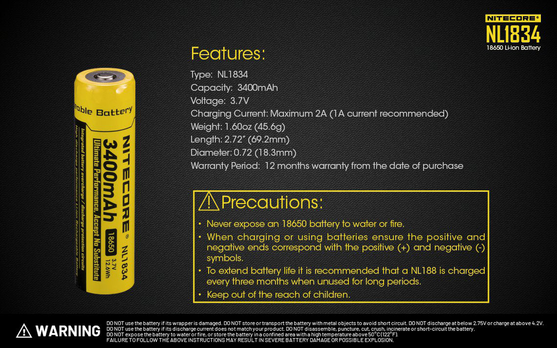 NITECORE NL1834 3400mAh High Capacity 18650 Rechargeable Battery