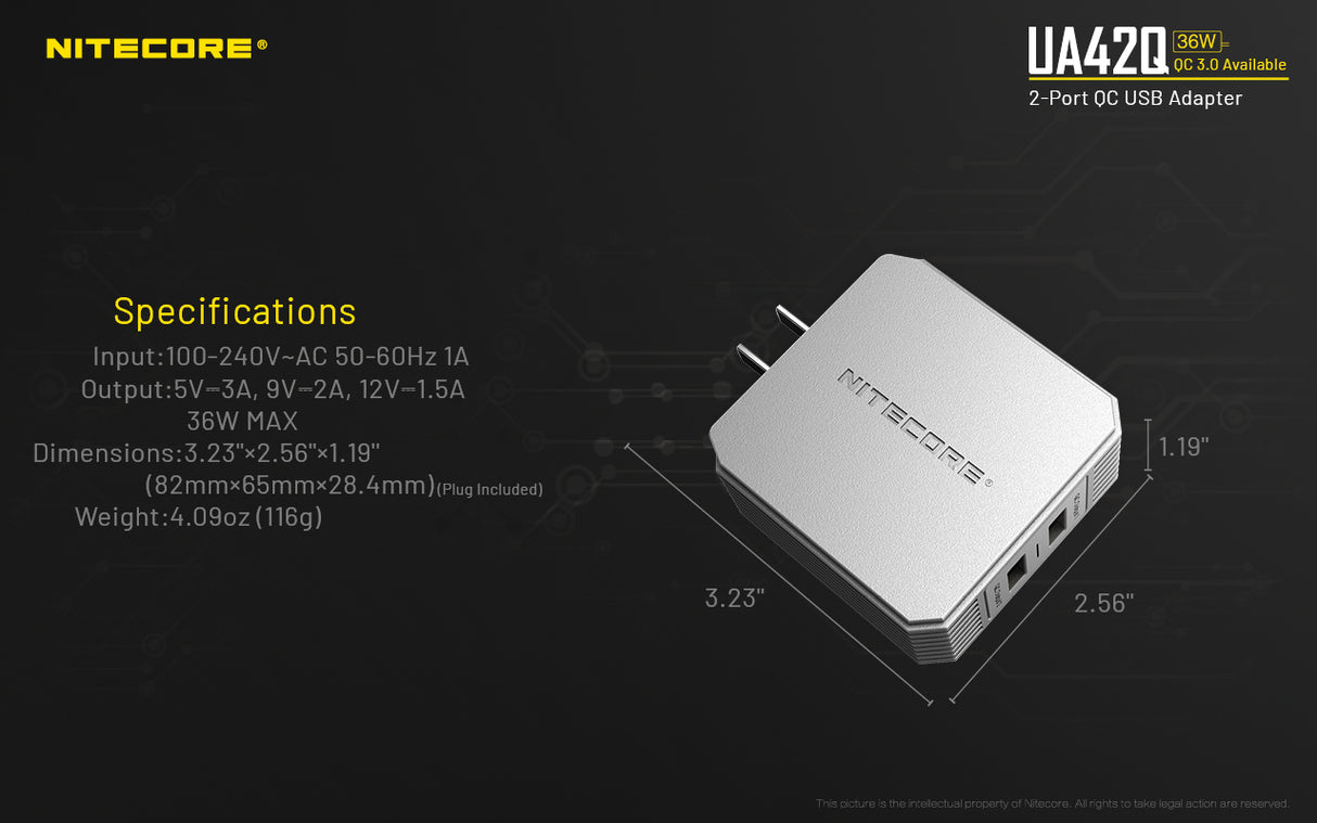 NITECORE UA42Q 2-Port Quick Charge USB 2.0 & 3.0 Adapter