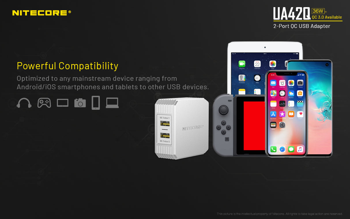 NITECORE UA42Q 2-Port Quick Charge USB 2.0 & 3.0 Adapter