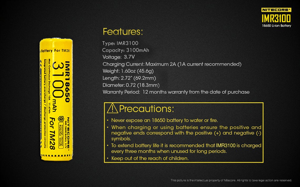 NITECORE IMR 3100 18650 Rechargeable Battery for TM28 & Concept 1 - 3100mAh 3.7v - Rechargeable