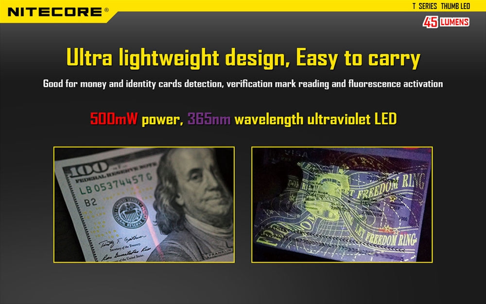 Nitecore THUMB LEO UV 45 Lumens USB Rechargeable LED Keychain Light -  Tiltable w/ Ultraviolet LED