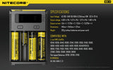 Nitecore i4 four-slot battery charger with specifications on a dark background
