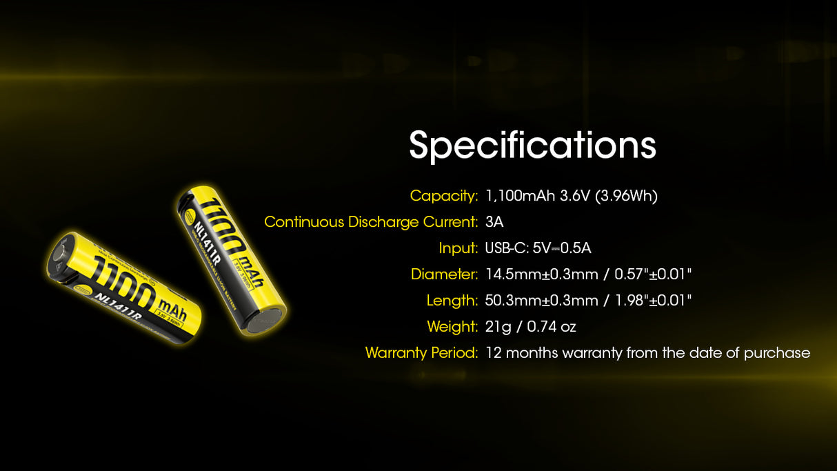 Nitecore NL1411R 1100mAh USB-C Rechargeable 14500 Battery