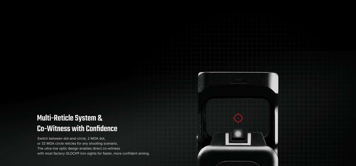 Animated gif showing the different options of the multi-reticle system - Red dot, circle, and dot + circle.