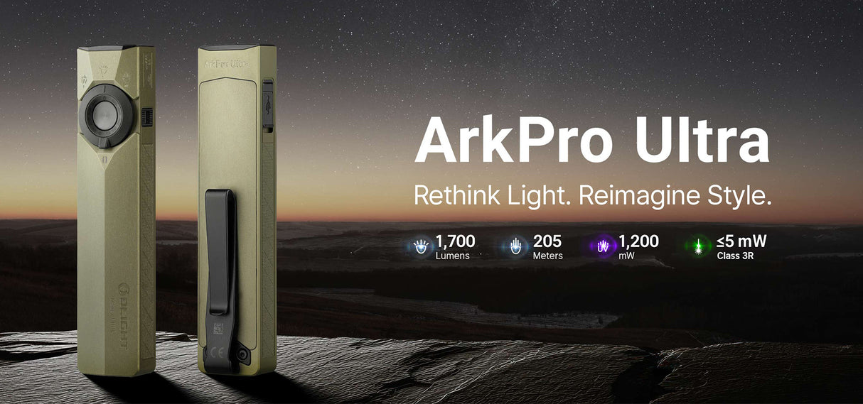 Olight ArkPro Ultra 1700 Lumen Rechargeable EDC Flashlight with UV Light & Green Laser