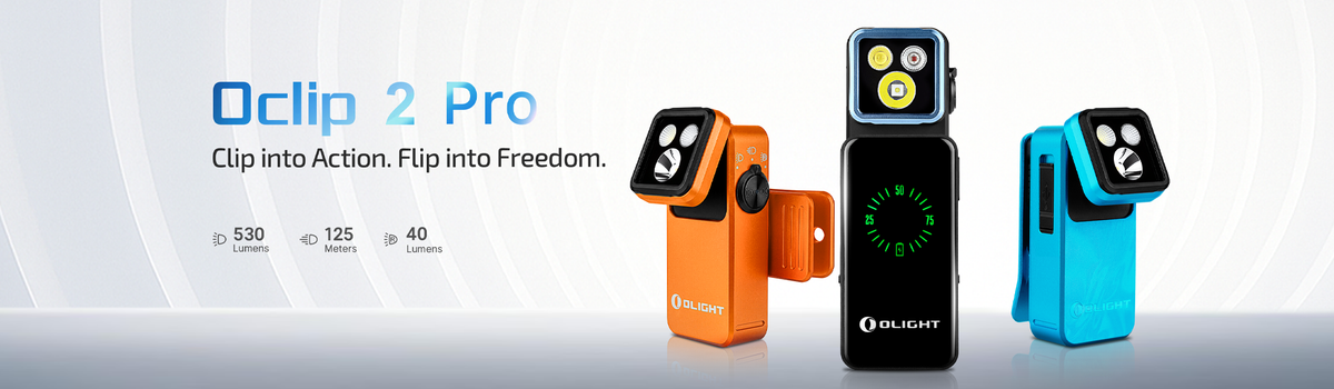 Promotional banner for the Oclip 2 Pro - a clipable flashlight with 3 output options. In orange, black, and blue.