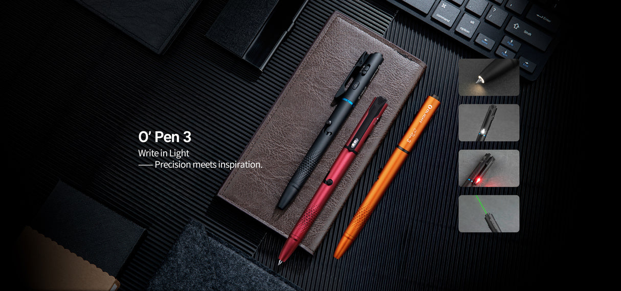 Olight O’Pen 3 EDC Pen with Tip and Clip Lights and Green Laser Pointer