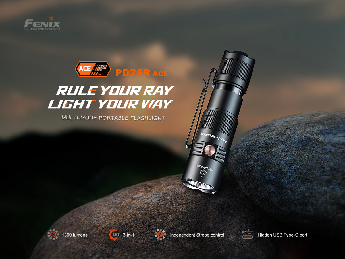Fenix PD26R ACE 1300 Lumen Custom Mode Set Rechargeable EDC Flashlight