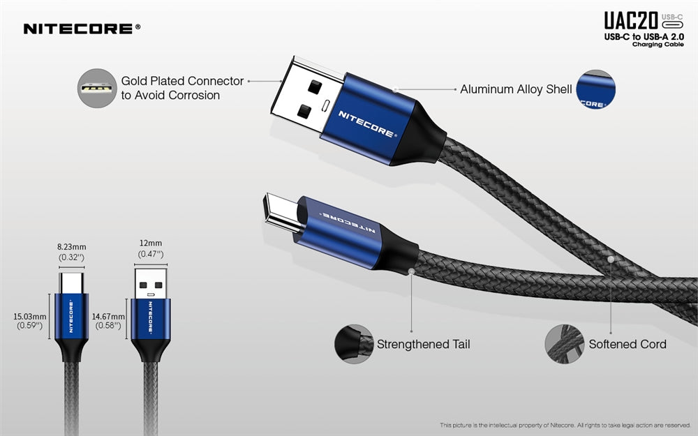 NITECORE UAC20 3.3ft USB Type C 3A Fast Charging Cable