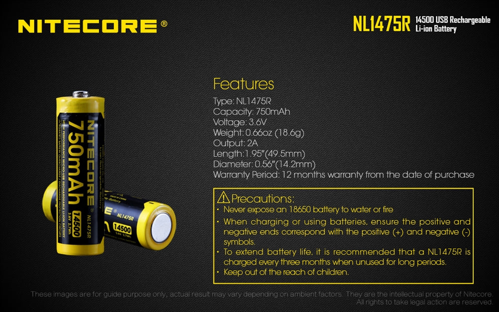 NITECORE NL1475R 750mAh 14500 Built-in Micro-USB Rechargeable Li-ion Battery