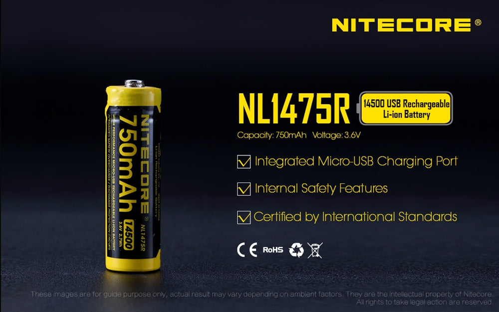 NITECORE NL1475R 750mAh 14500 Built-in Micro-USB Rechargeable Li-ion Battery