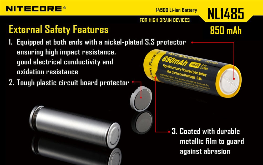 NITECORE NL1485 850mAh 14500 High Performance Li-ion Rechargeable Battery