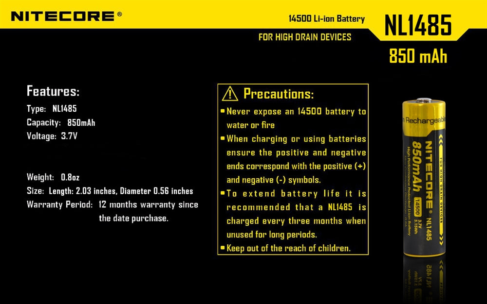 NITECORE NL1485 850mAh 14500 High Performance Li-ion Rechargeable Battery