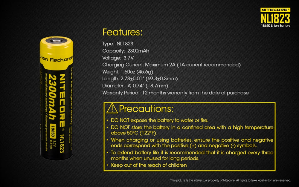 NITECORE NL1823 2300mAh High Capacity 18650 Rechargeable Battery