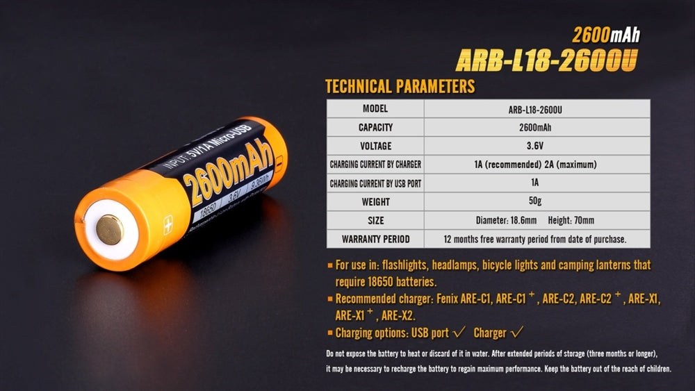 FENIX ARB-L18-2600U Protected Button-Top USB Rechargeable 18650 Battery