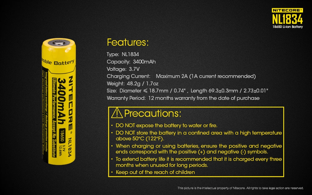 NITECORE NL1834 3400mAh High Capacity 18650 Rechargeable Battery