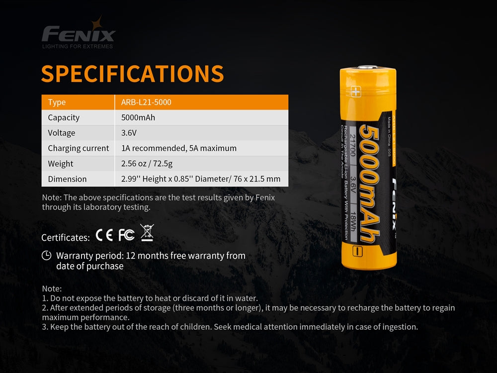 Fenix ARB-L21-5000 5000mAh 21700 Battery