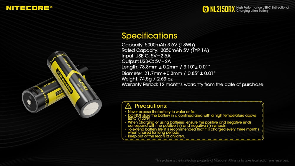 Nitecore NL2150RX 5000mAh USB-C Rechargeable 21700 Battery