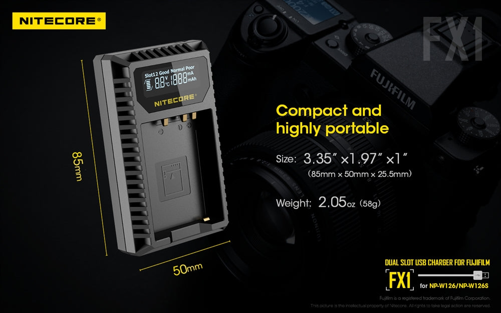 NITECORE FX1 Digital USB Travel Battery Charger for Fujifilm NP-W126 and NP-W126S Batteries