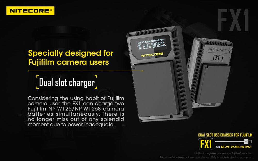 NITECORE FX1 Digital USB Travel Battery Charger for Fujifilm NP-W126 and NP-W126S Batteries