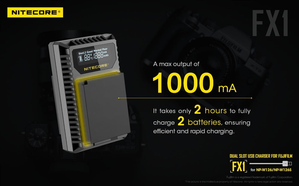 NITECORE FX1 Digital USB Travel Battery Charger for Fujifilm NP-W126 and NP-W126S Batteries