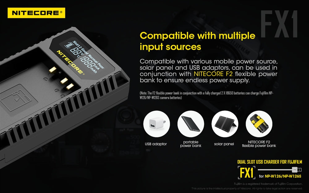 NITECORE FX1 Digital USB Travel Battery Charger for Fujifilm NP-W126 and NP-W126S Batteries