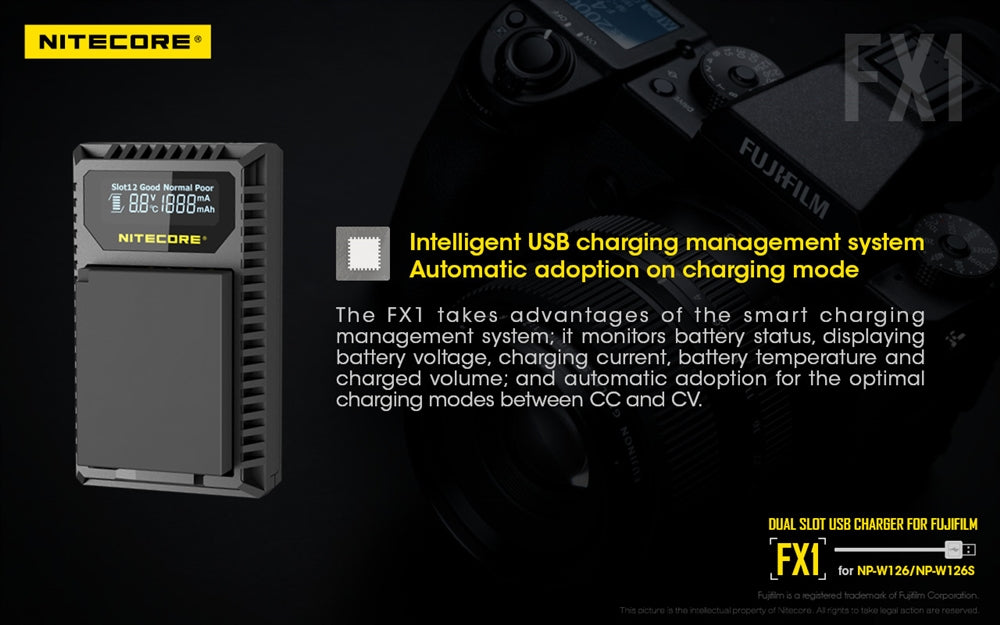 NITECORE FX1 Digital USB Travel Battery Charger for Fujifilm NP-W126 and NP-W126S Batteries