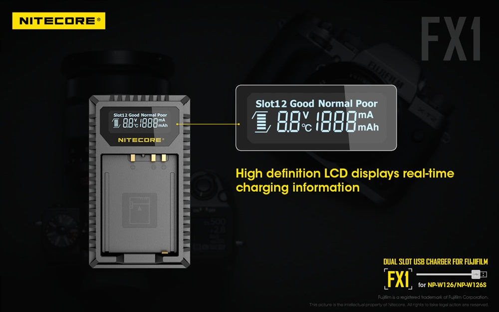 NITECORE FX1 Digital USB Travel Battery Charger for Fujifilm NP-W126 and NP-W126S Batteries