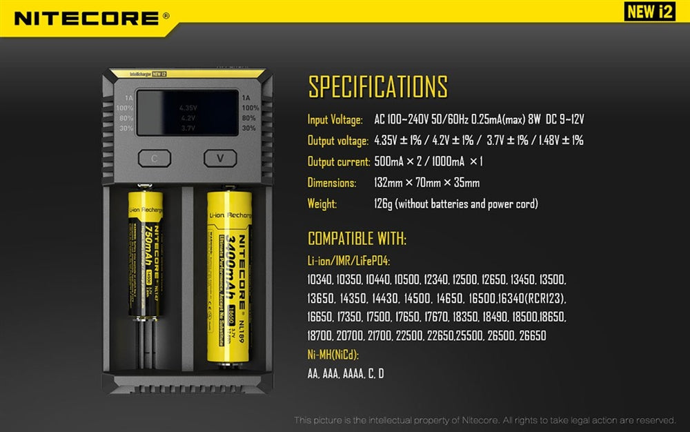 NiteCore Intellicharge i2 2 Channel Charger - Supports 18650, RCR123A 14500 and many types