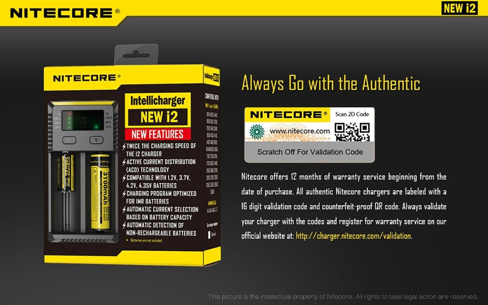 NiteCore Intellicharge i2 2 Channel Charger - Supports 18650, RCR123A 14500 and many types