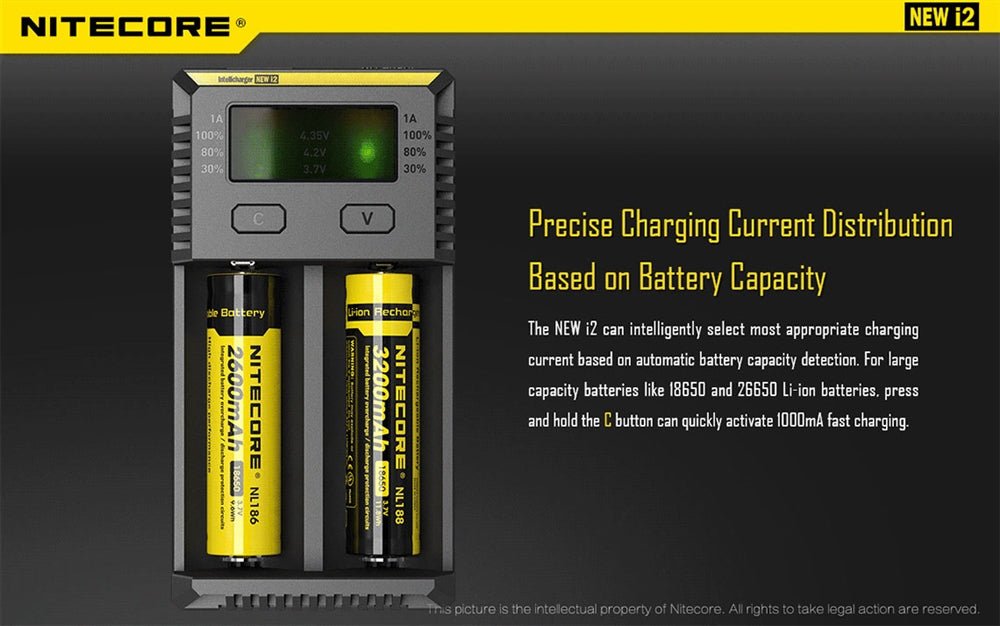 NiteCore Intellicharge i2 2 Channel Charger - Supports 18650, RCR123A 14500 and many types