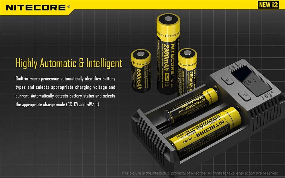 NiteCore Intellicharge i2 2 Channel Charger - Supports 18650, RCR123A 14500 and many types