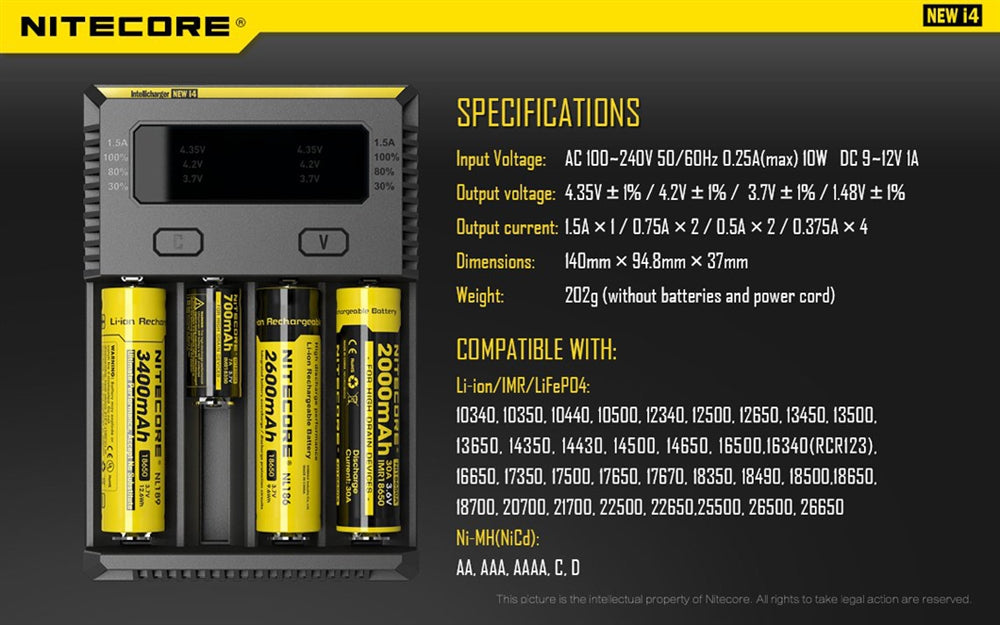 NiteCore NEW i4 Intellicharger Universal Charger for 18650 RCR123A 17650 17670 14500 AA AAA and more