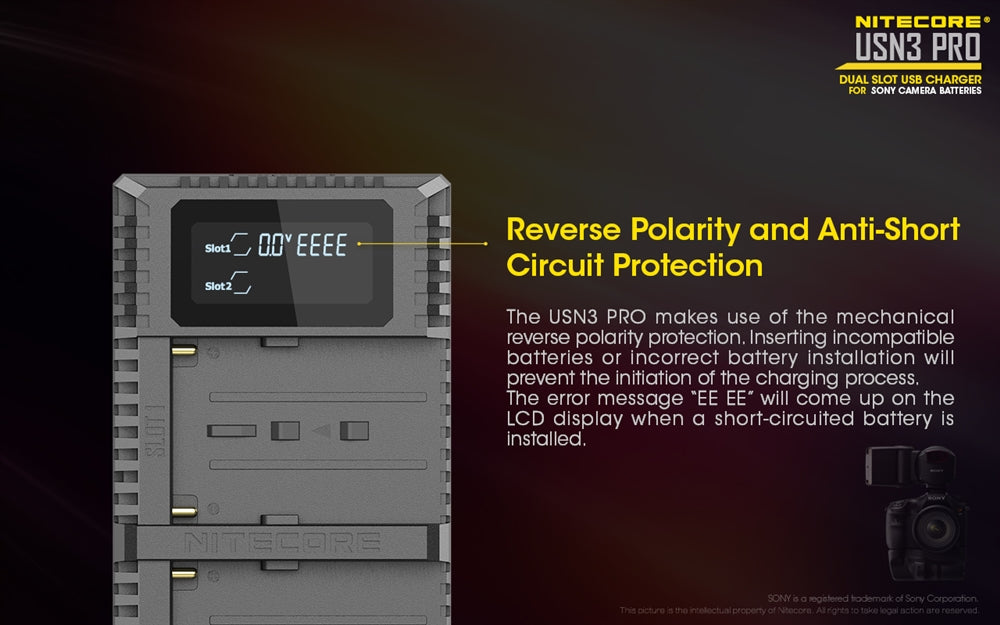 NITECORE USN3 Pro Dual-Slot Fast Digital USB Charger for Sony Camera Batteries