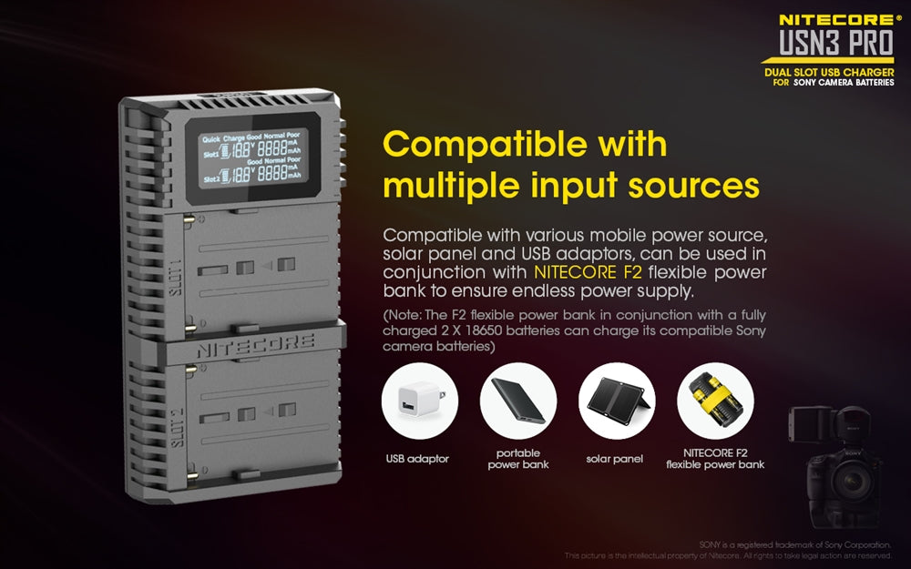 NITECORE USN3 Pro Dual-Slot Fast Digital USB Charger for Sony Camera Batteries