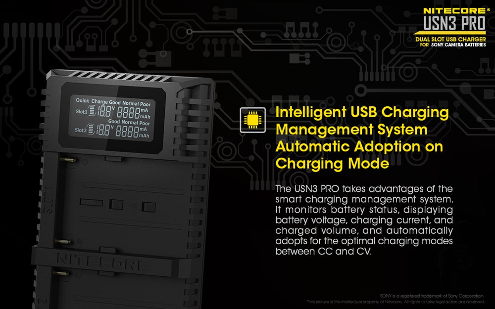 NITECORE USN3 Pro Dual-Slot Fast Digital USB Charger for Sony Camera Batteries