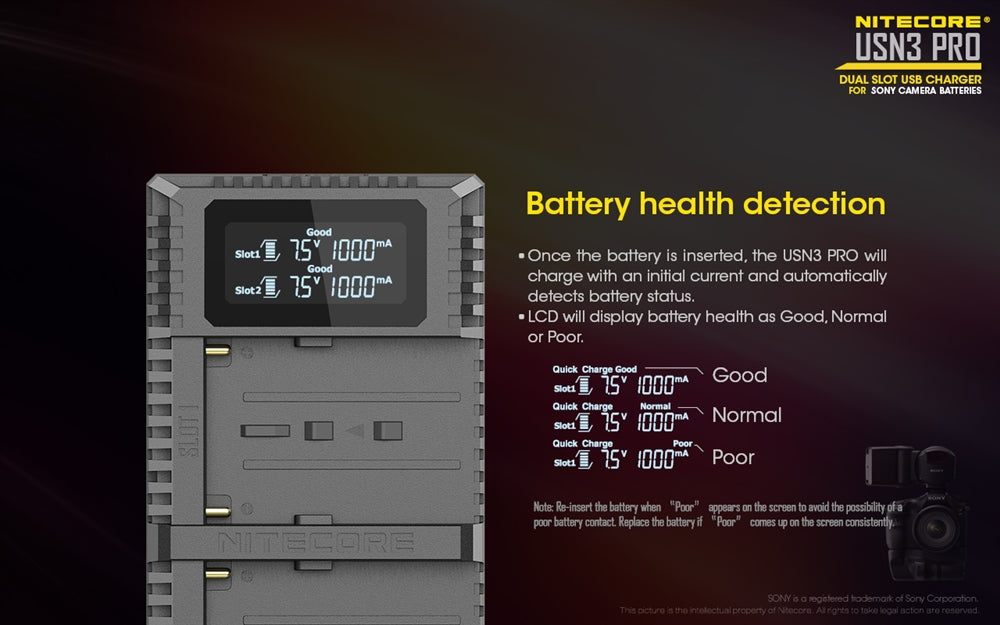 NITECORE USN3 Pro Dual-Slot Fast Digital USB Charger for Sony Camera Batteries