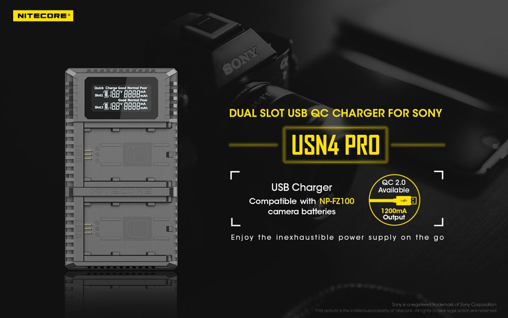 NITECORE USN4 Pro Digital QuickCharge 2.0 USB Battery Charger for Sony NP-FZ100 Batteries