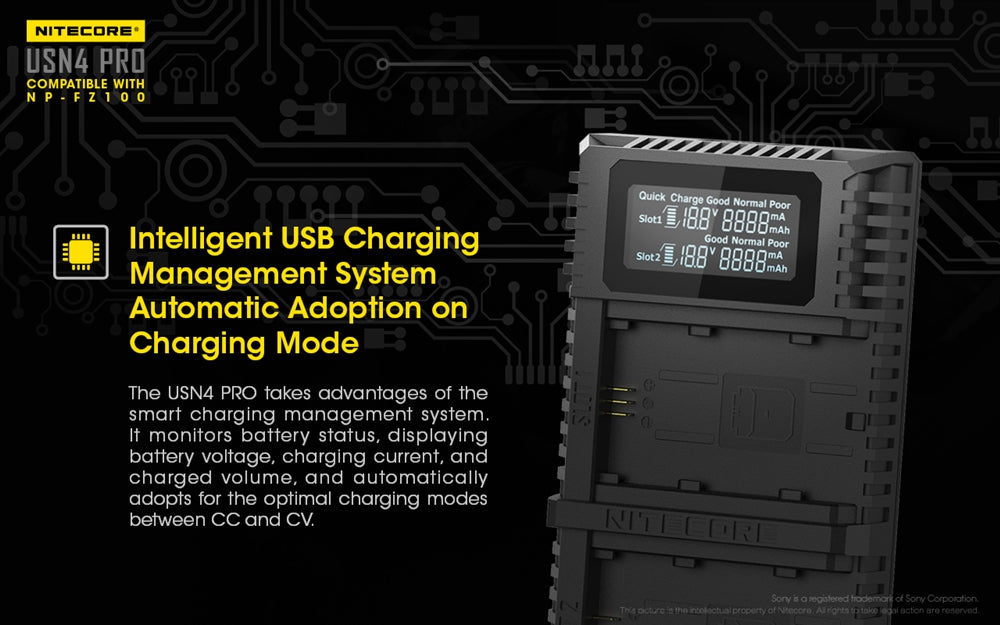 NITECORE USN4 Pro Digital QuickCharge 2.0 USB Battery Charger for Sony NP-FZ100 Batteries