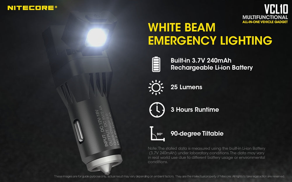 NITECORE VCL10 QuickCharge 3.0 USB Car Charger with White & Red Flashlight