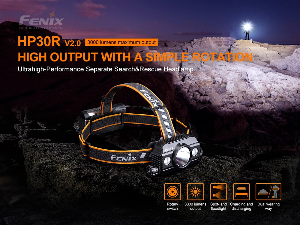 Fenix HP30R v2.0 3000 Lumen Spotlight & Floodlight Rechargeable Headlamp