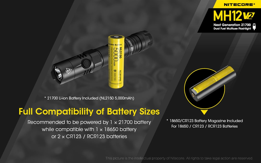 NITECORE MH12 v2 1200 Lumen USB-C Rechargeable Flashlight with 5000mAh Battery