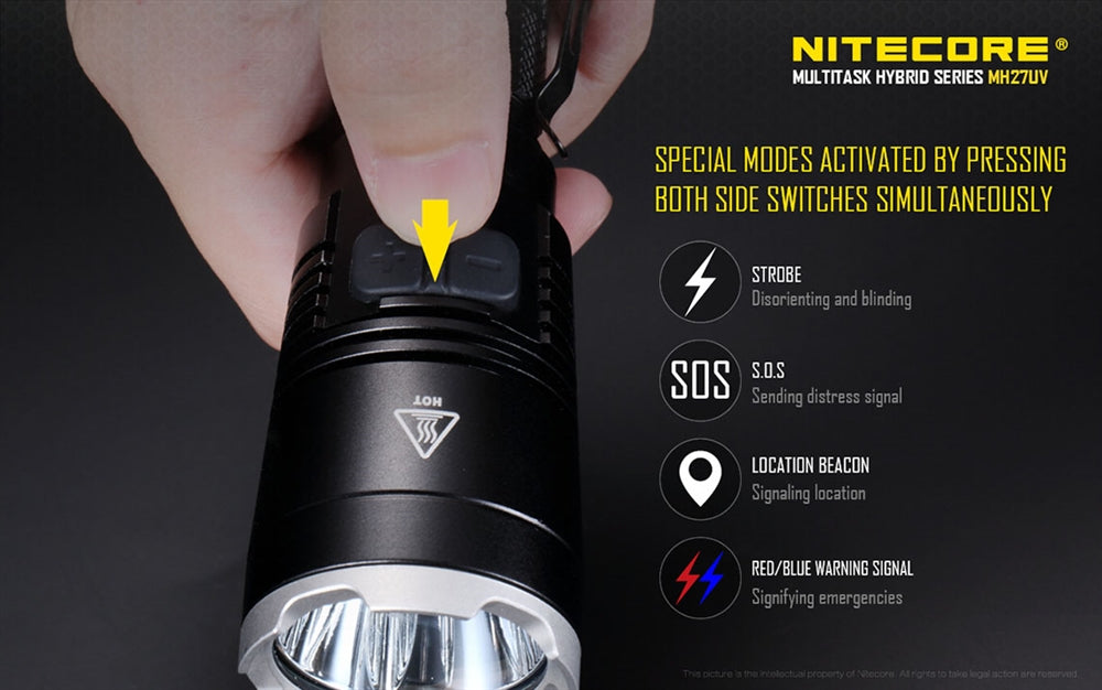 NiteCore MH27UV Rechargeable LED Flashlight w/ Red, Blue, and UltraViolet Light - 1000 lumens