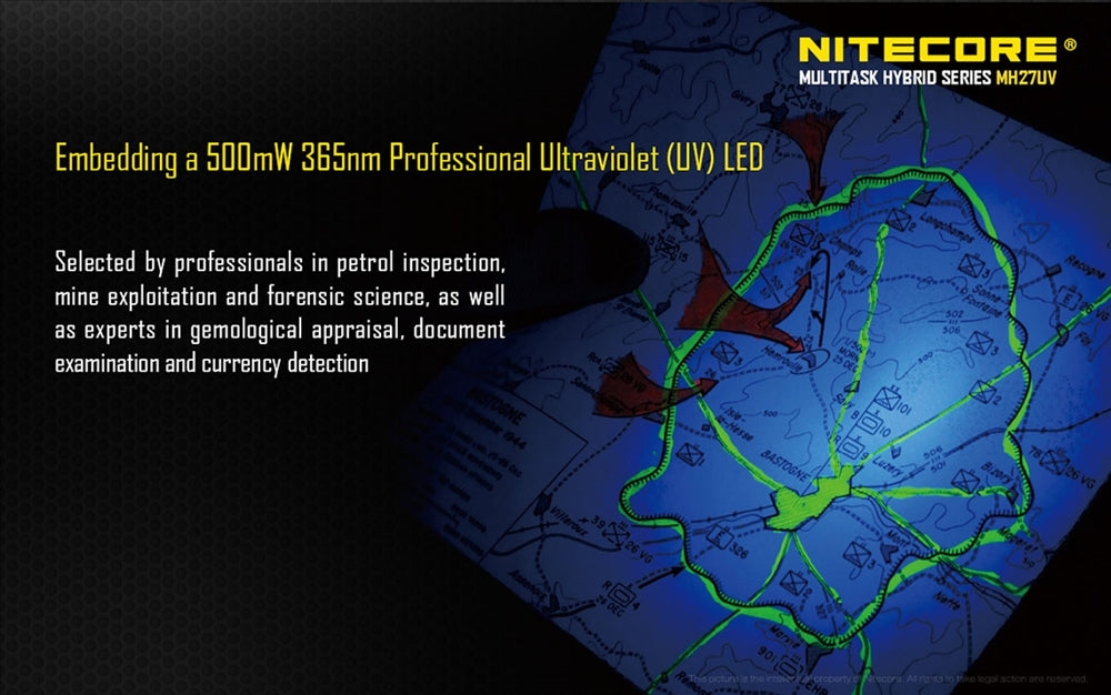 NiteCore MH27UV Rechargeable LED Flashlight w/ Red, Blue, and UltraViolet Light - 1000 lumens